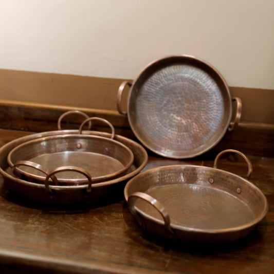 手工捶紋紅銅雙耳圓平盤 | 2色 | 口徑 23~38 cm 紅銅 圓平盤