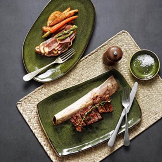 橄欖綠不規則盤 | 橢圓 長方 | 30~32 cm 陶瓷 淺盤