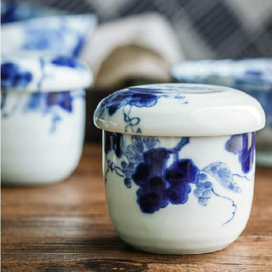 美濃燒茶碗蒸碗 | 藍染葡萄 | 口徑7.5 cm 陶瓷 小碗