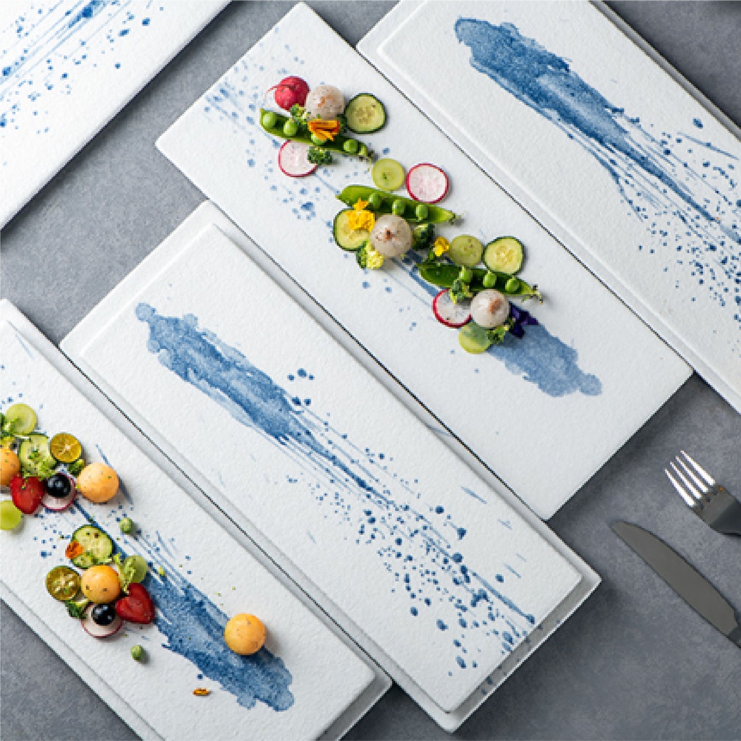 日式意境長方盤 | 藍韻潑墨 | 36cm 陶瓷 大平盤