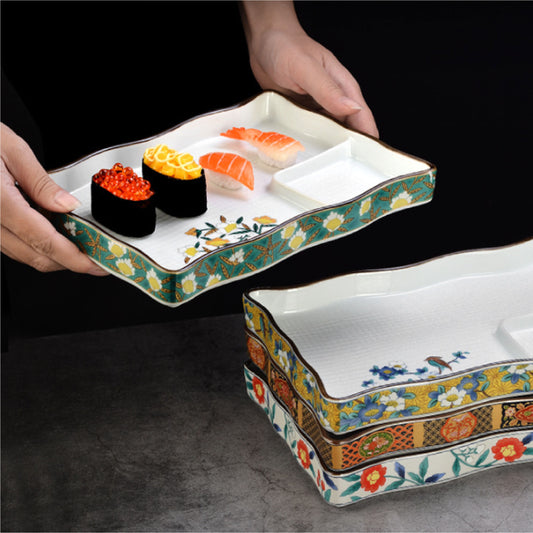 日式醬料分隔盤 | 綠彩山茶 | 長15~18.7 cm 陶瓷 長方盤