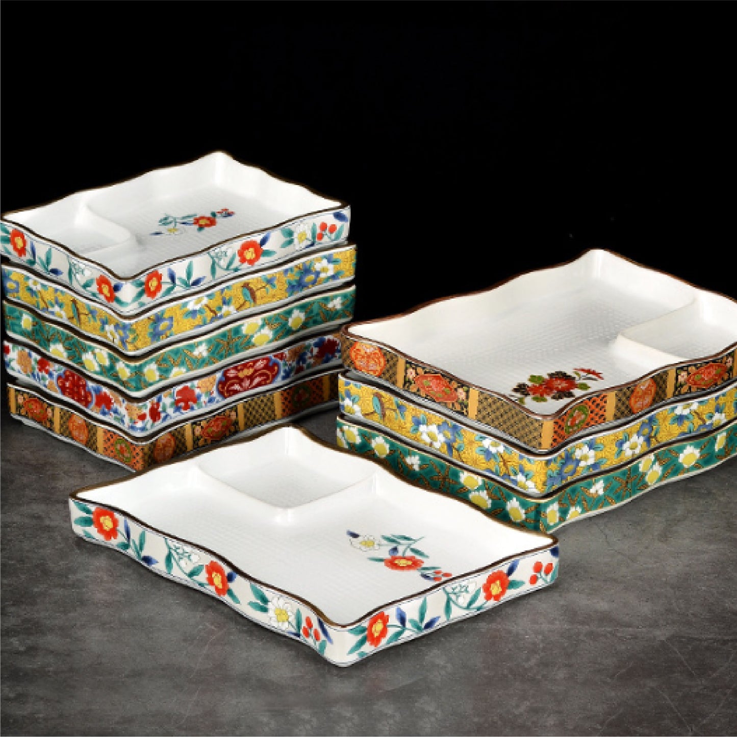 日式醬料分隔盤 | 黃彩花卉 | 長15 cm 陶瓷 小長方盤