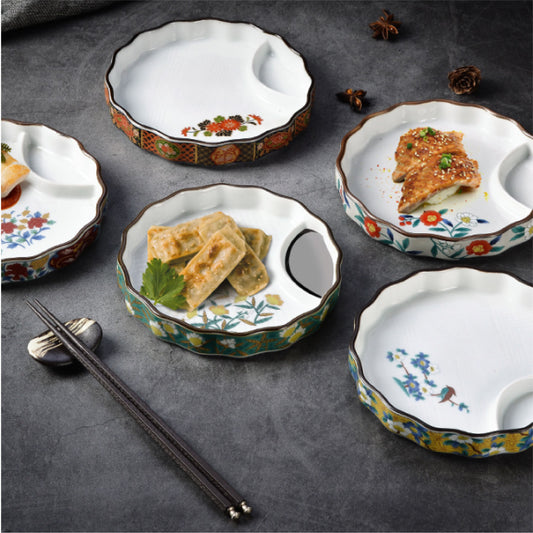 日式醬料分隔盤 | 黃彩花鳥 | 直徑16 cm 陶瓷 圓盤