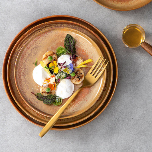 9吋柴燒窯變黃麗邊平盤 | 棕色 | 22.8 cm 陶瓷 圓淺盤