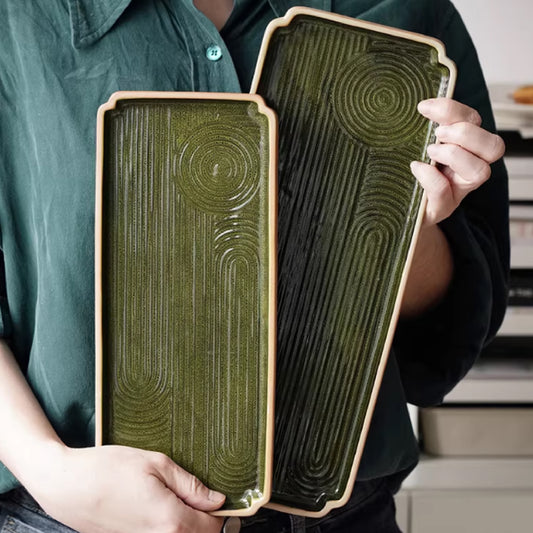 綠苔枯山水日式長方盤 | 長 28~33.4 cm 陶瓷 長方平盤