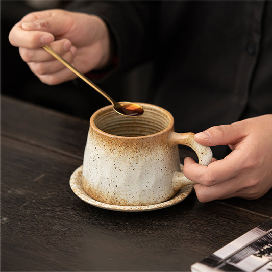 粗陶咖啡杯 | 黃白 | 8.5 cm 陶瓷 杯盤匙組