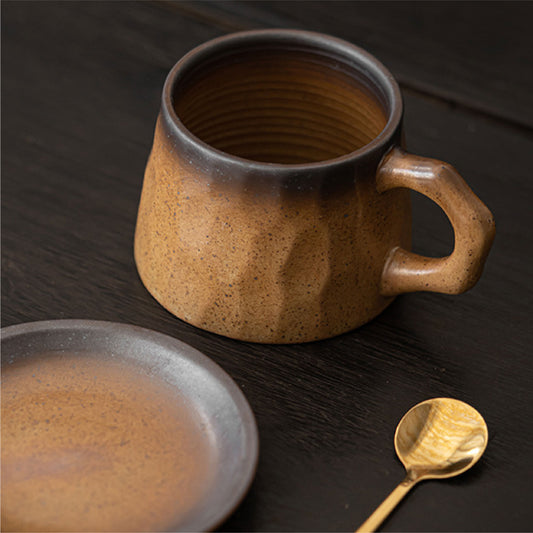 粗陶咖啡杯 | 棕黃 | 8.5 cm 陶瓷 杯盤匙組