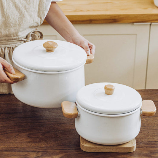 櫸木把手加厚食品級無塗層珐琅湯鍋 | 2款 | 口徑 20~24 cm 搪瓷 鍋
