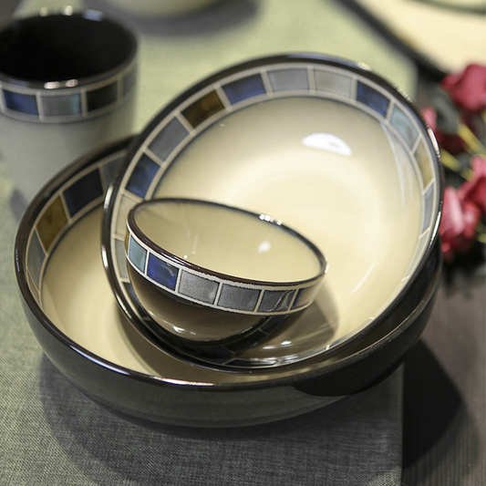 手繪馬賽克藍系列 | 藍灰棕 | 23 cm 陶瓷 大碗公