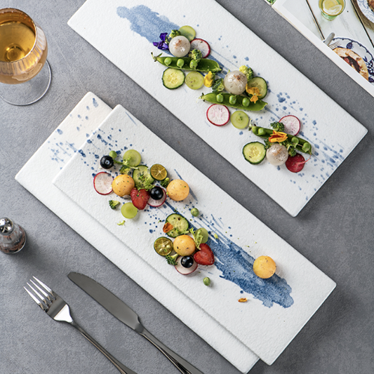 日式意境長方盤 | 藍韻潑墨 | 38.5cm 陶瓷 加大平盤