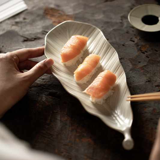 窯變釉樹葉造型盤 | 米白 | 30.5 cm 陶瓷 大長盤