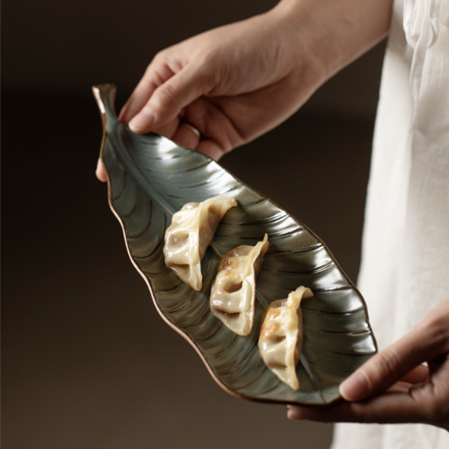 窯變釉樹葉造型盤 | 灰綠 | 30.5 cm 陶瓷 大長盤