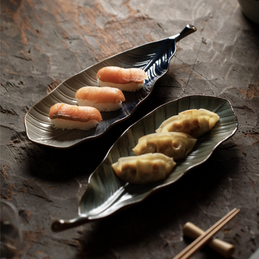 窯變釉樹葉造型盤 | 灰綠 | 30.5 cm 陶瓷 大長盤