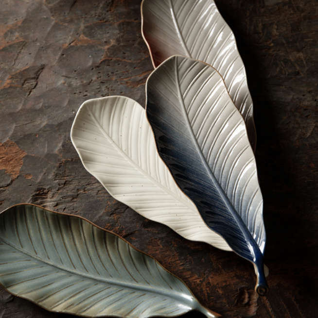 窯變釉樹葉造型盤 | 米白 | 30.5 cm 陶瓷 大長盤