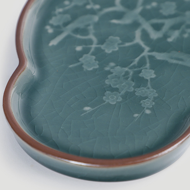 中式花窗園景冰裂紋盤 | 湖藍 | 21 cm 陶瓷 五角盤