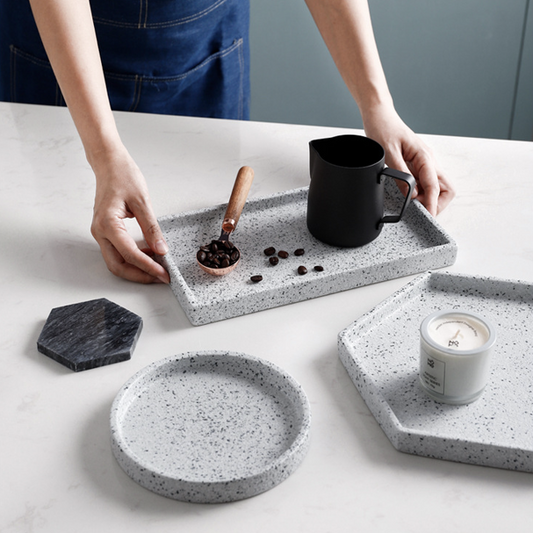 水磨石托盤 | 潑墨白 | 長28 cm 陶瓷 長方平盤