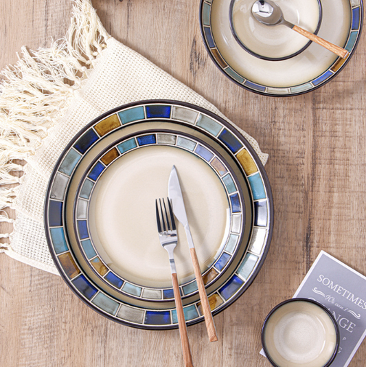 手繪馬賽克藍系列 | 藍灰棕 | 直徑21.3 cm 陶瓷 中淺盤