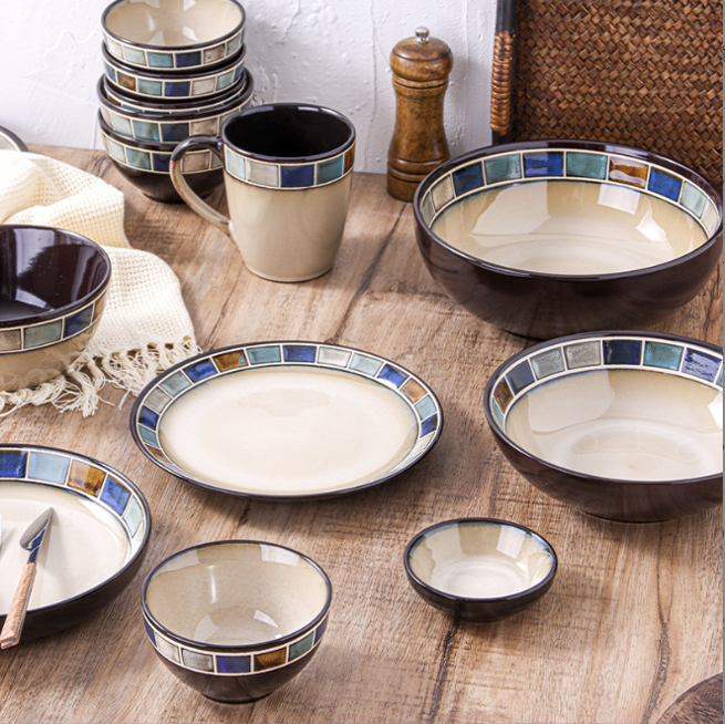 手繪馬賽克藍系列 | 藍灰棕 | 直徑20 cm 陶瓷 大深盤