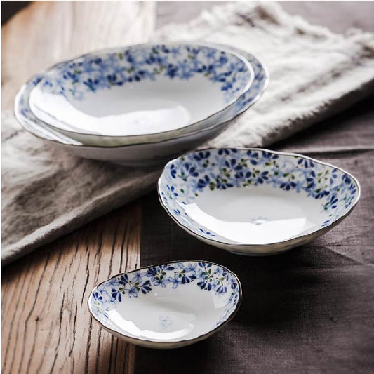 日本製光峰美濃燒 | 小藍芽 | 長 16~22.5 cm 陶瓷 深盤