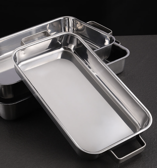 雙耳亮面烤盤 | 銀 | 42 cm 不鏽鋼 大方盤