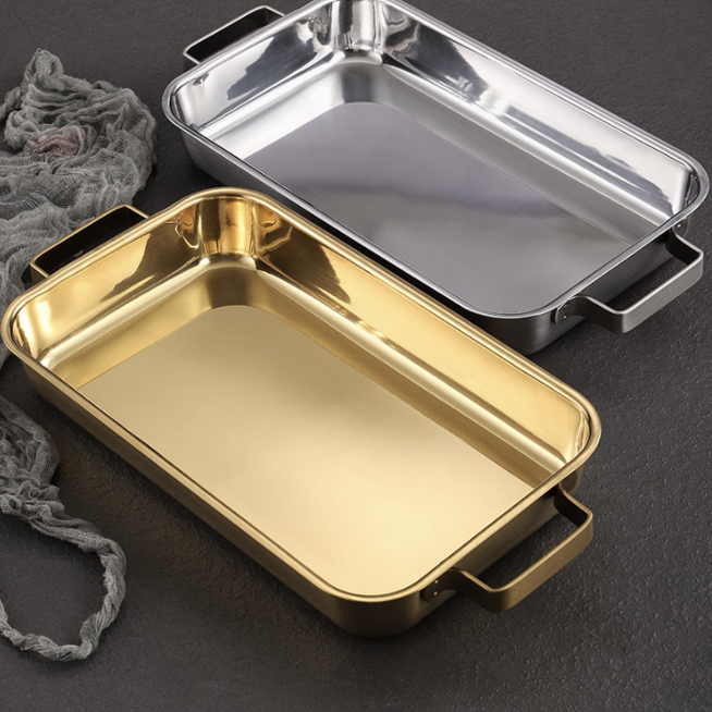 雙耳亮面烤盤 | 銀 | 42 cm 不鏽鋼 大方盤