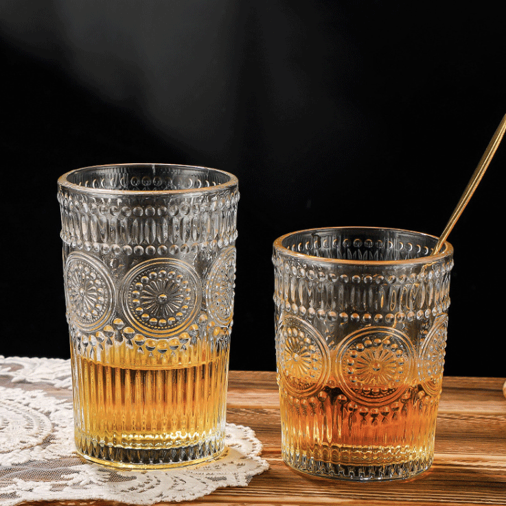 復古太陽花浮雕玻璃杯 | 透明 | 高 12.3 cm 玻璃 高杯 - 好生活實驗所
