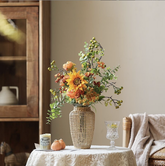 藤編玻璃花瓶 | 原色 | 高 21 cm 藤編/玻璃 窄瓶底