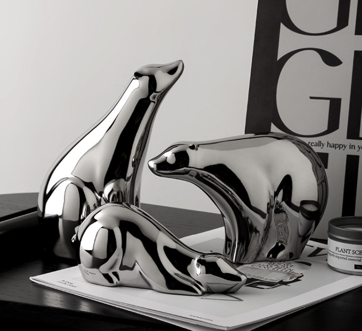 現代風北極熊擺飾 | 銀 | 三件套 陶瓷 擺飾