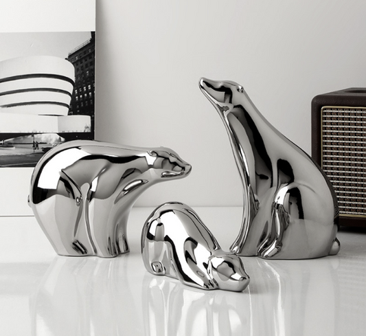 現代風北極熊擺飾 | 銀 | 三件套 陶瓷 擺飾