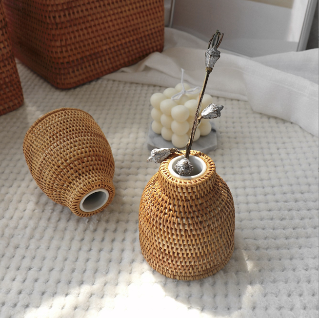 手工黃藤花瓶 | 原色 | 高 20/10 cm 藤編 甕型瓶