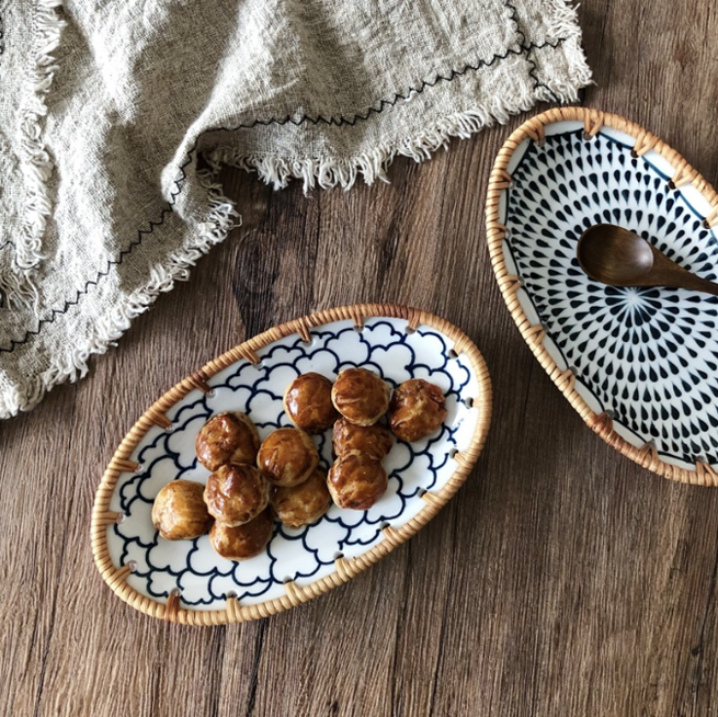 天然藤編陶瓷盤 | 淺雲 | 20 cm 陶瓷/藤編 中盤