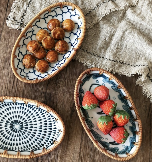 天然藤編陶瓷盤 | 淺雲 | 20 cm 陶瓷/藤編 中盤