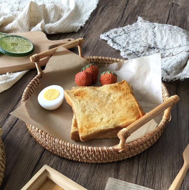 天然藤編雙耳拖盤 | 原色 | 28 cm 藤編 大盤