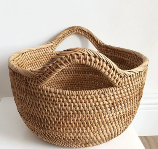 天然藤編貓耳朵水果籃 | 原色 | 38 cm 藤編 圓籃