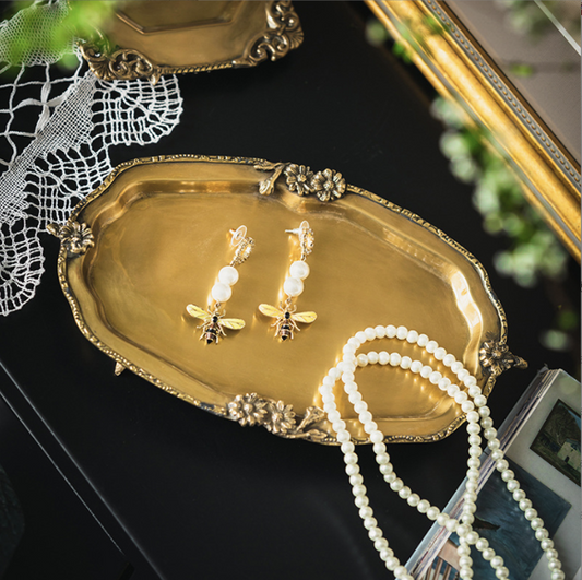 復古黃銅托盤 | 銅 | 長 25 cm 印度黃銅 雕花長方淺口盤