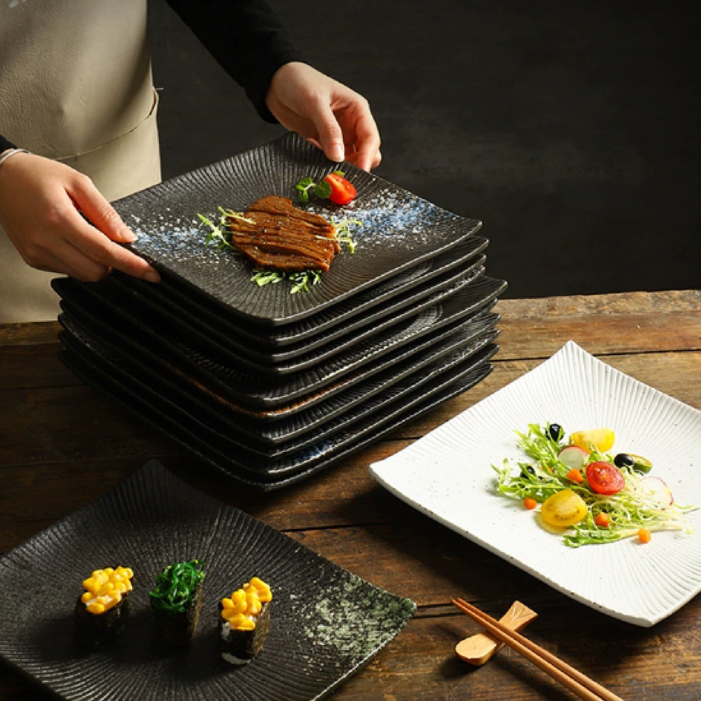 放射紋翹邊四方盤 | 6色 | 長 23~25.5 cm 陶瓷 正方盤