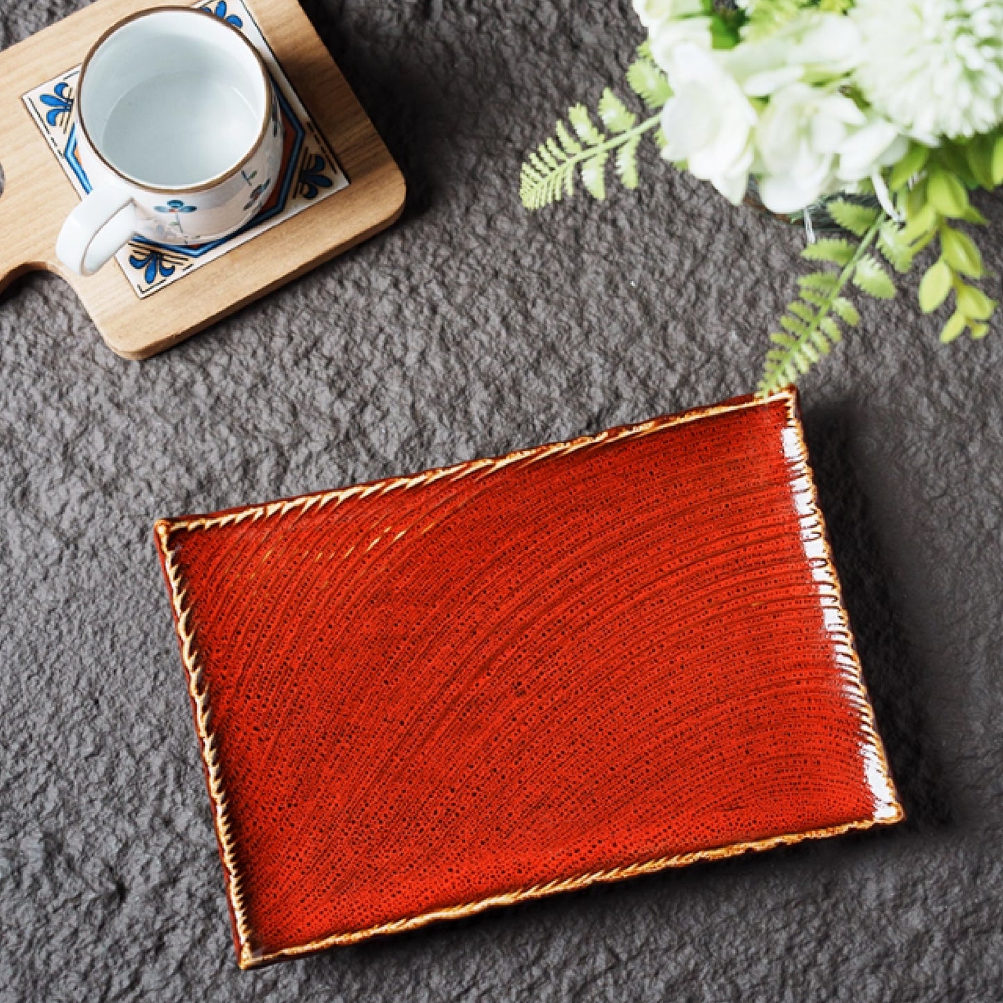 10吋日式窯變刷紅長方陶瓷盤 | 窯變紅 |  長26.5 cm  陶瓷 長方盤