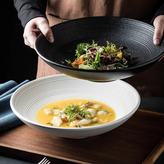 磨砂圈紋陶瓷圓深盤 | 黑白 | 直徑 19.5~29.5 cm 陶瓷 圓深盤