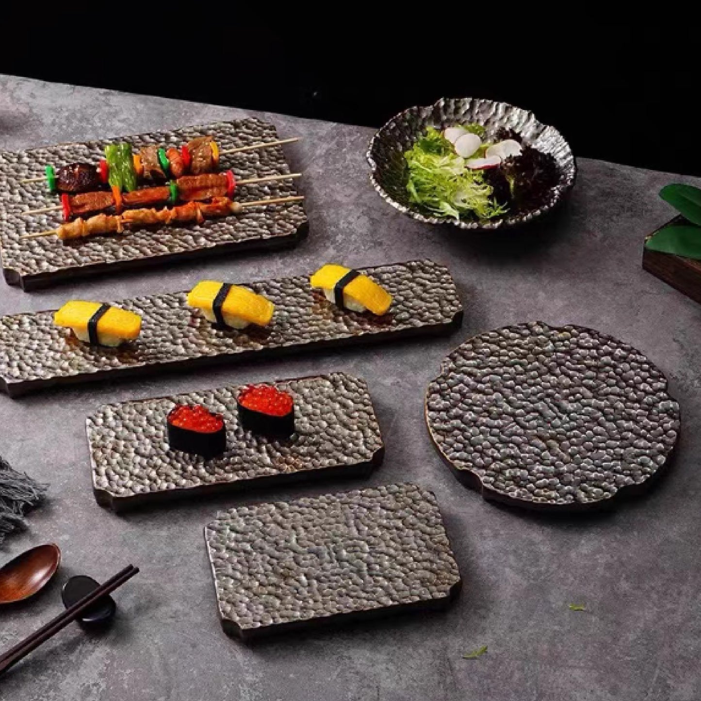 陶瓷捶紋長方平銀板盤 | 銀棕 | 長 20~45.5 cm 陶瓷 平盤