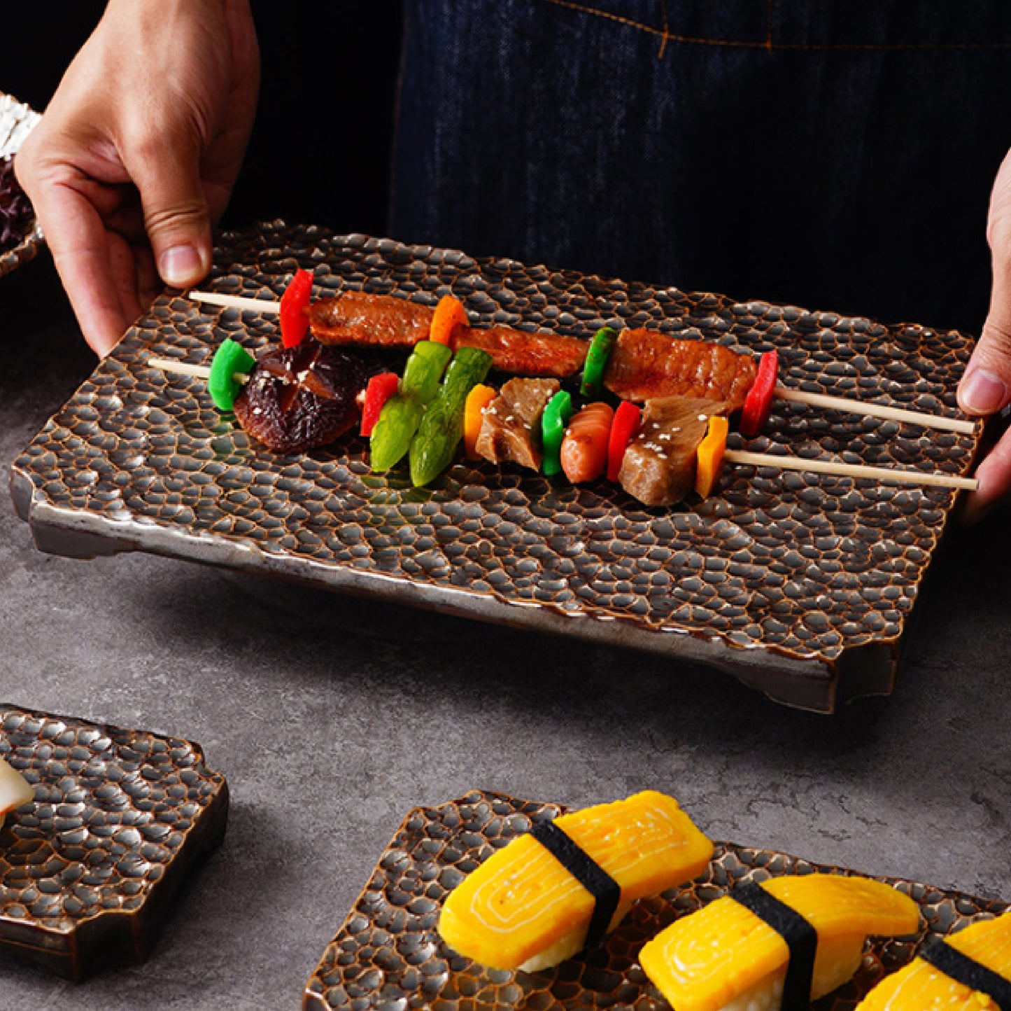 陶瓷捶紋長方平銀板盤 | 銀棕 | 長 20~45.5 cm 陶瓷 平盤