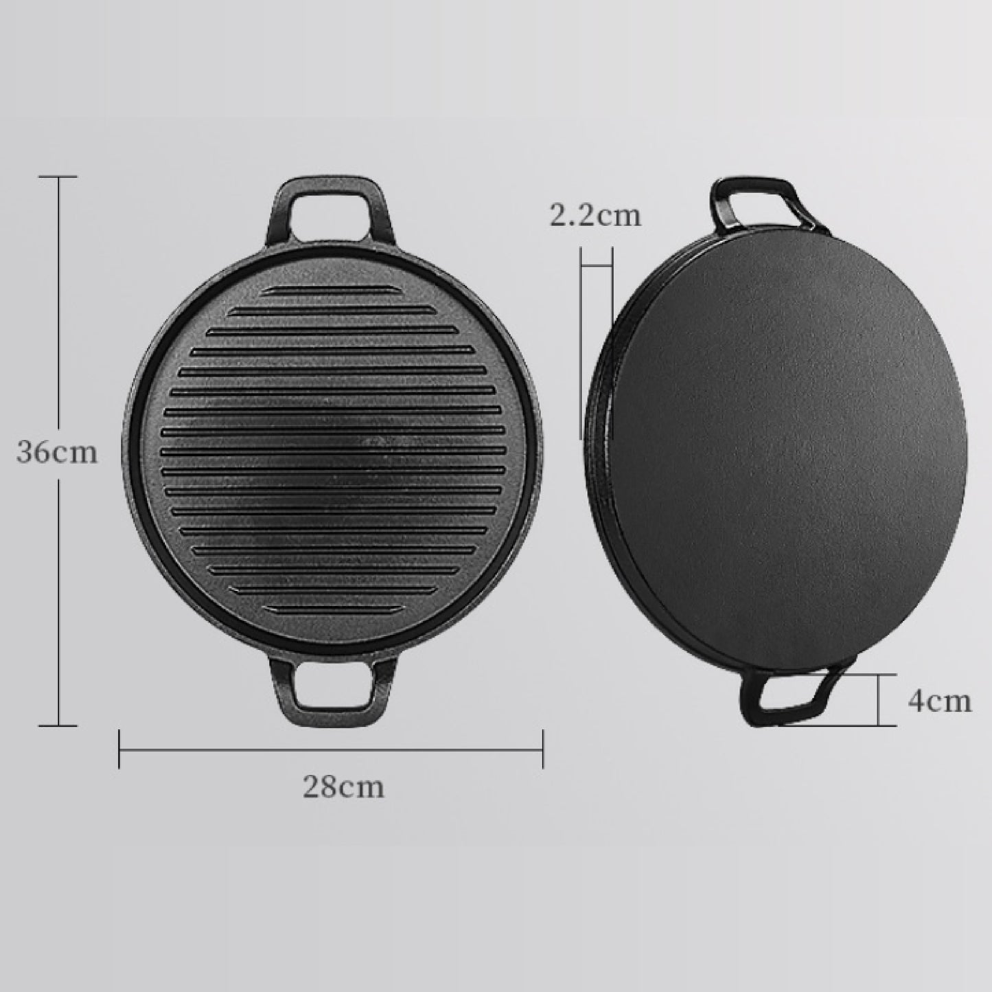 鑄鐵橫紋雙耳圓烤盤 | 黑色 | 直徑 28 cm 鑄鐵 烤盤