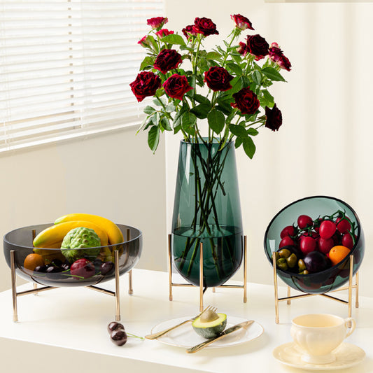 金屬架簡約玻璃圓肚果盤 | 2色 | 直徑28 cm 玻璃 圓深盤