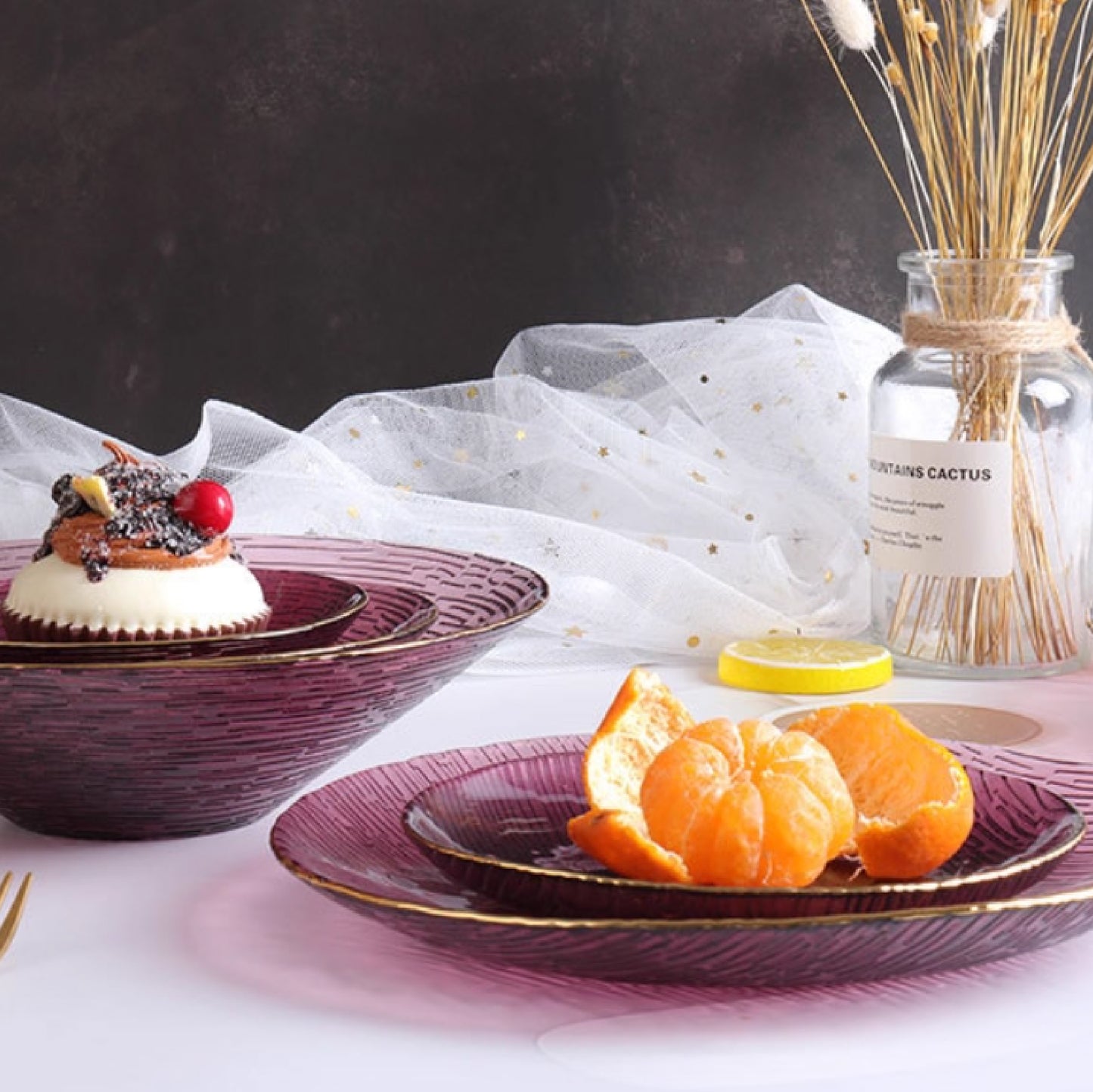 金邊樹紋玻璃圓淺盤 | 4色 | 直徑27 cm 玻璃 大圓盤