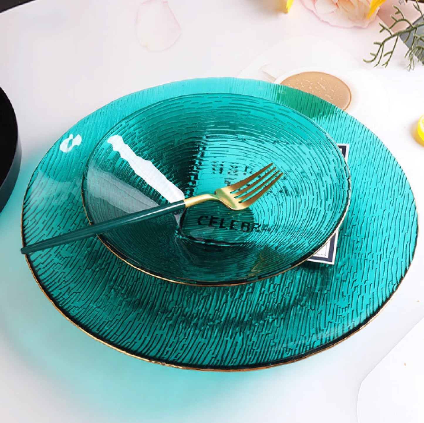 金邊樹紋玻璃圓淺盤 | 4色 | 直徑27 cm 玻璃 大圓盤