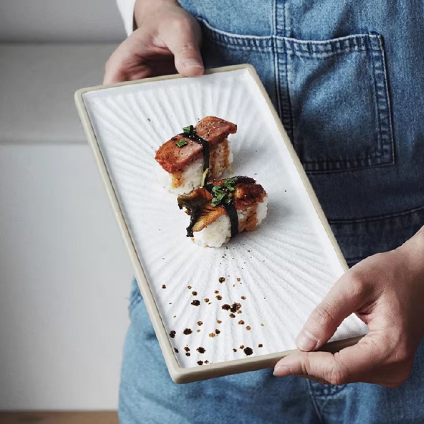 手繪雪跡日式放射紋長方盤 | 長 27.5~32.8 cm 陶瓷 長方平盤