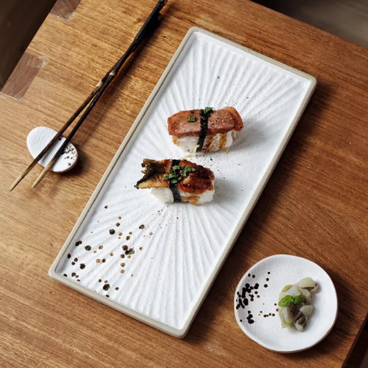 手繪雪跡日式放射紋長方盤 | 長 27.5~32.8 cm 陶瓷 長方平盤