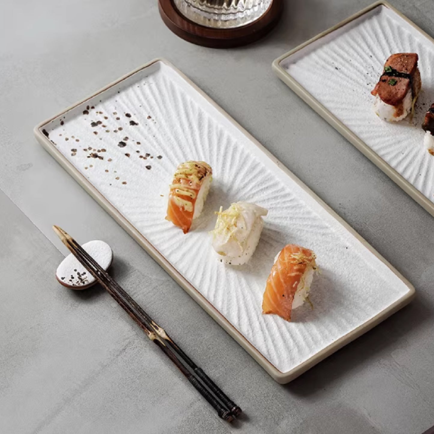 手繪雪跡日式放射紋長方盤 | 長 27.5~32.8 cm 陶瓷 長方平盤