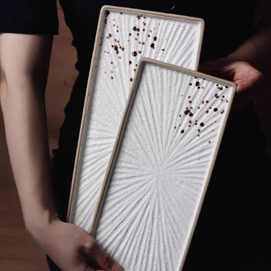 手繪雪跡日式放射紋長方盤 | 長 27.5~32.8 cm 陶瓷 長方平盤