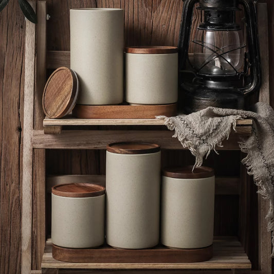 密封竹木蓋自然風陶瓷收納罐(有蓋) | 直徑9 cm 陶瓷 密封收納罐