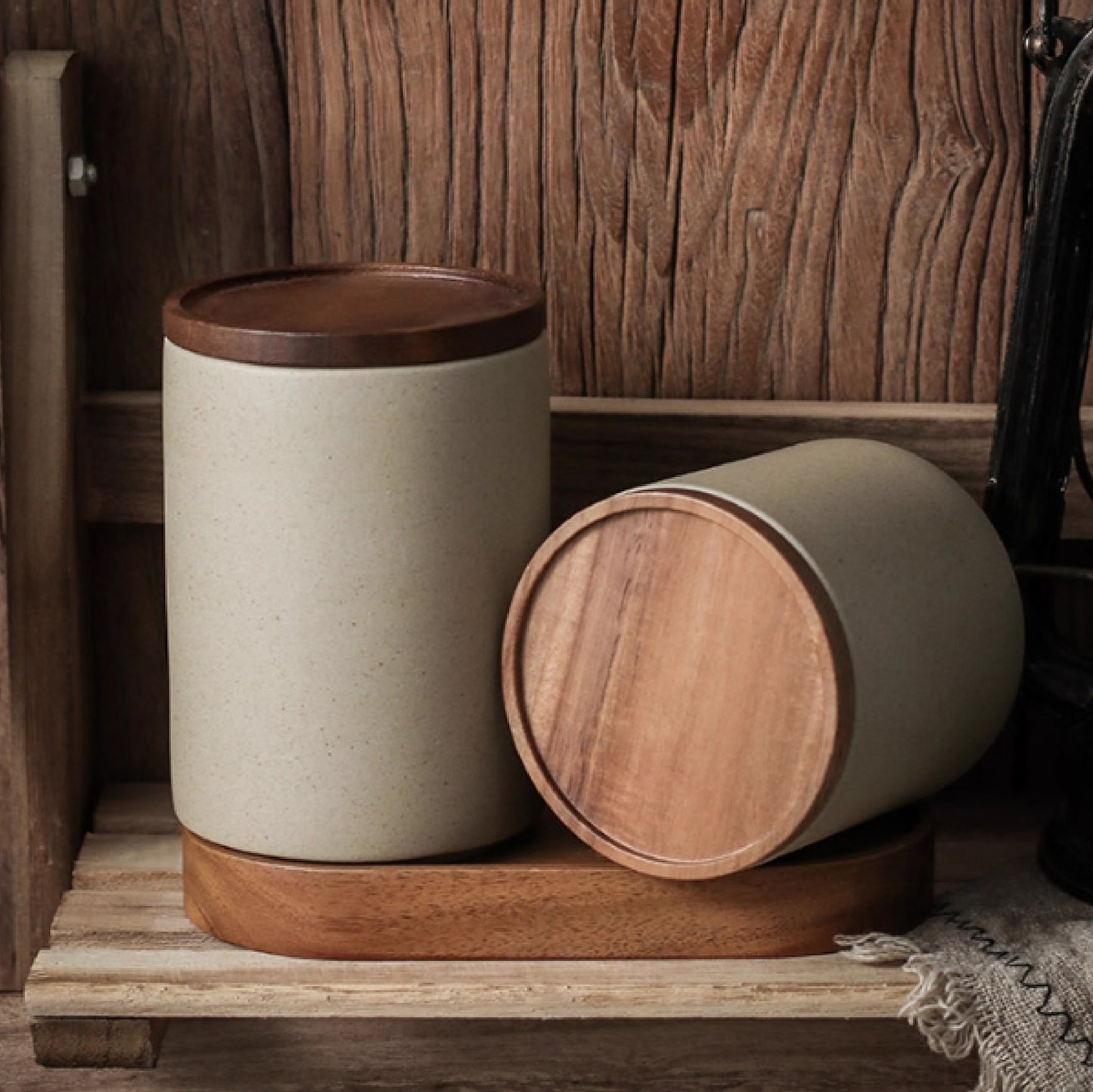密封竹木蓋自然風陶瓷收納罐(有蓋) | 直徑9 cm 陶瓷 密封收納罐